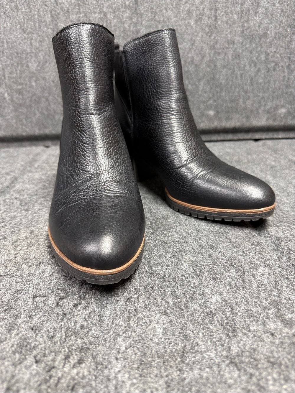 Dr. Scholl's Black Leather Ankle Booties with Lug Sole and Brown Trim